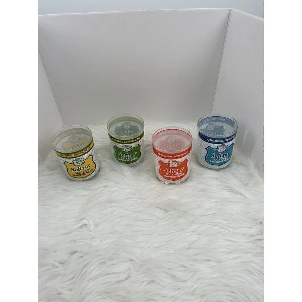 Set Of 4 Vintage Canada Dry Seltzer Lowball Glasses Yellow Green Orange Blue